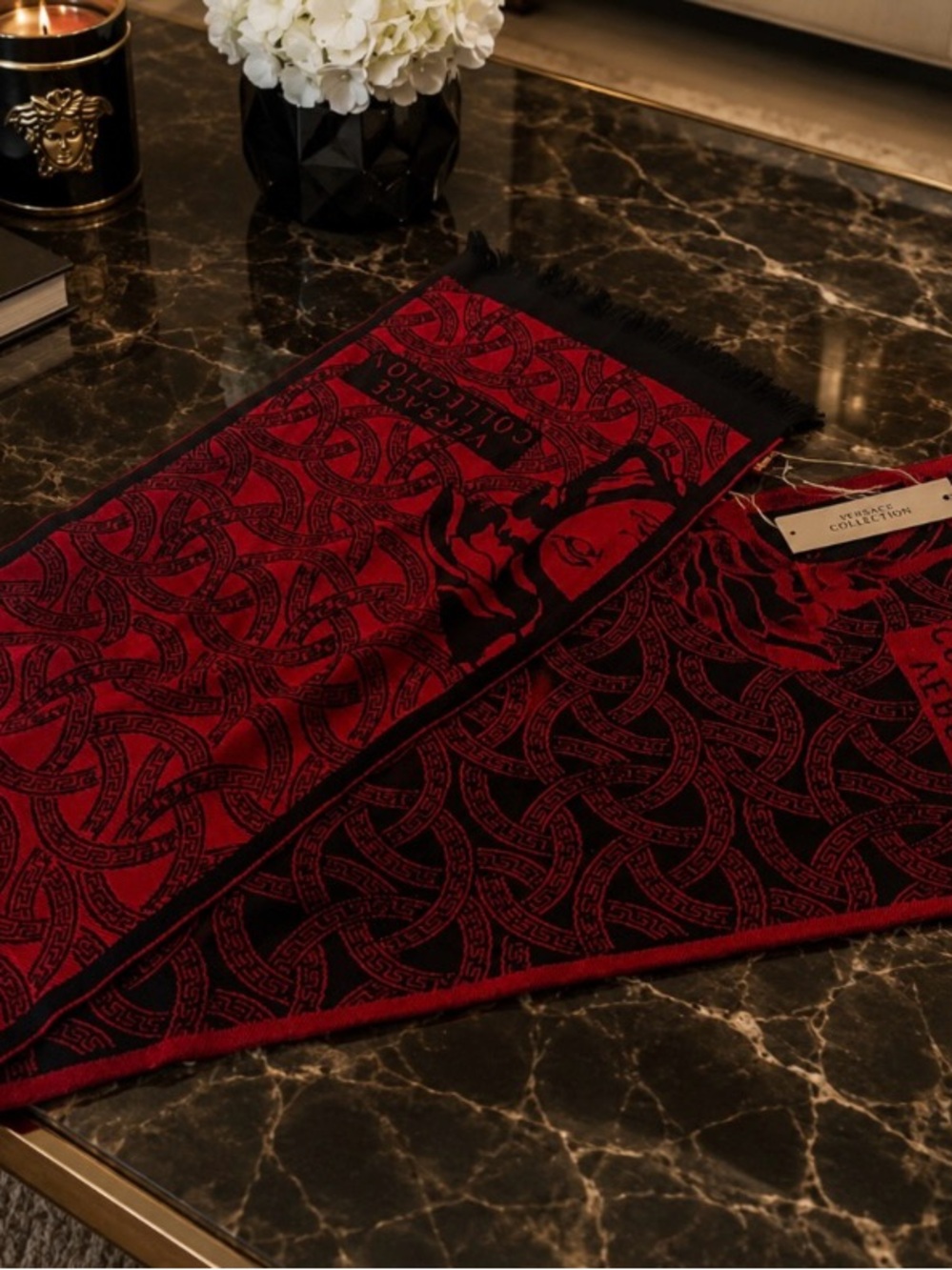 Versace Collection Red & Black Baroque Logo Scarf